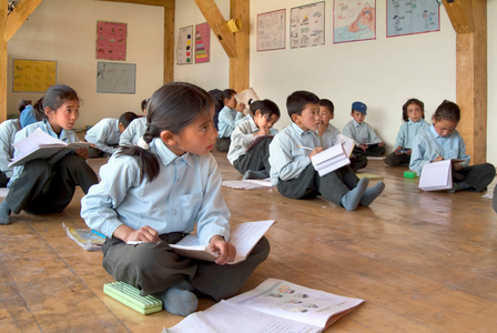 Ladakhi schoolchildren (residential hostel children) in classroom during English lesson, Druk White Lotus School, Shey, Ladakh, India (photo)