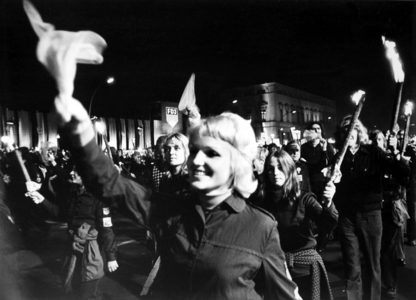 Blonde FDJ girl joyfully waving a scarf on the occasion of the torchlight parade ..., 1974 (photo)