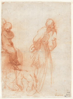 a) Studies of Figures and a Hand (recto); b) Studies of a Bull (verso), c.1530 (red chalk on paper)