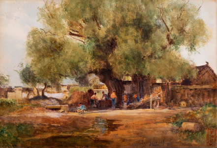 Open air blacksmith's shop near Rock Temple above Pei-tai-ho,  China, 1908 (watercolour)