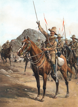 Form Up, No. 2 Form Up Rallying cry of Sergeant-Major Veysey after the harge of 21st Lancers at Omdurman, 2 September 1898. British under Kitchener defeated 'Abd Allah (al-Kalifah). Sudan. Chromolithograph.