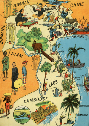 French Indochina map Tonkin Laos Annam from the textbook La France d Our Mer Illustree Editions Blondel La Rougery 1931