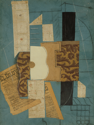 Guitar, 1913 (newspaper, wallpaper, paper, ink, chalk, charcoal, & pencil on coloured paper)