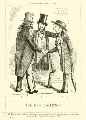 Punch cartoon regarding John Bright: The New Coalition, 27 October 1855 (engraving)