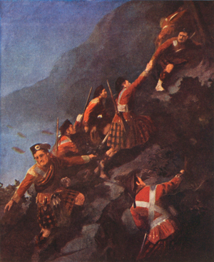 Fraser Highlanders storming the heights at Quebec (colour litho)