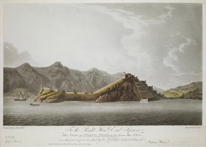 Porto Ferrajo from the sea: To the Right Hon.ble Earl Spencer This view [...] is with great respect inscribed by his Lordship's obedient Servant James Weir. / Drawn by Capt. James Weir; Engraved by F. Jukes.
View of Portoferraio in the island of Elba from the east, with ship sailing near the lighthouse and Forte Stella at left, Forte Falcone at right, and mountains in the background.
