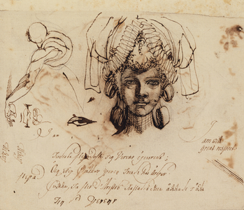 Mrs.Fuseli wearing an Elaborate Headdress and Studies of an Eye, Mouth and Torso (pen and ink)