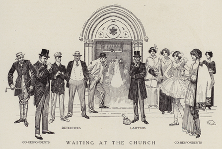 Detectives, lawyers and co-respondents waiting for a church wedding to finish (litho)