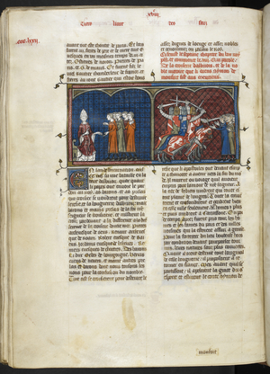 Royal MS 16 G VI f.374v Pope Innocent III excommunicating the Cathars and the Death of Simon de Montfort, from 'Les Grandes Chroniques de France', c.1332-50 (vellum)