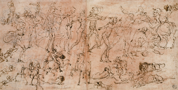 Studies of Warriors, Horsemen, and Lions, 1528-33 (pen & iron gall ink, on ivory laid paper, prepared with a red chalk wash)