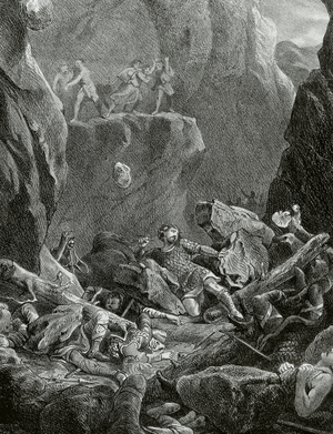 Spain. The Battle of Roncevaux Pass in 778. Death of Roland and his men. Engraving