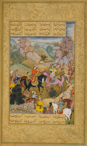 Khusraw and Shirin meeting on the hunting ground.