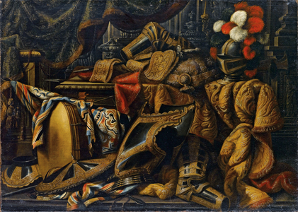 Armor, helmet, shield, sword (oil on canvas)