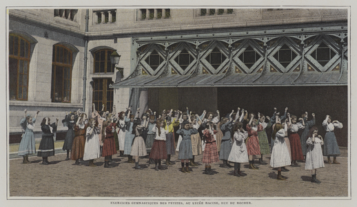 Young schoolgirls doing gymnastics exercises at the Lycee Racine, Rue du Rocher, Paris (colour photo)