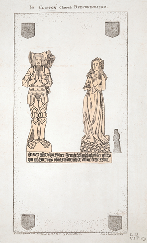 An outline view of two tomb sculptures at Clifton Church, Bedfordshire