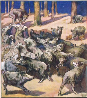 In the centre of the stump stood a big grey wolf (colour litho)