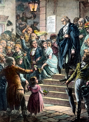 Audience cheering at the premiere of Friedrich Schiller's stage play The Maid of Orleans