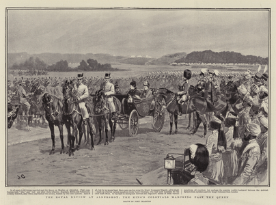 The Royal Review at Aldershot, the King's Colonials marching past the Queen (litho)