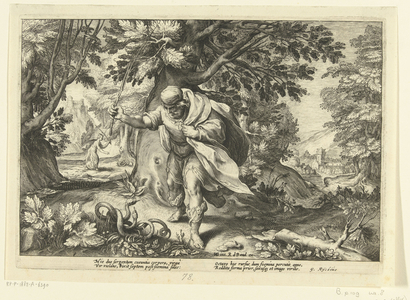 Teiresias beats two mating snakes, from Ovid's Metamorphoses, 1615 (engraving)