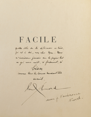 Signed inset page of the first edition of 'Facile' by Paul Éluard, 1935 (print and pen & ink on paper)