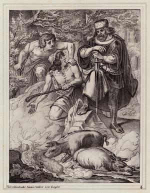 Discovery of the healing springs of Teplice, 762 (engraving)