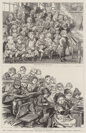 Free Dinners given to Board School Children at Denmark Terrace Board School, Islington, N (engraving)