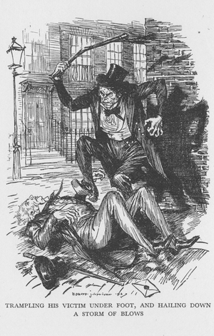 Robert Louis Stevenson The Strange Case of Dr Jekyll and Mr Hyde first published 1886. Mr Hyde clubbing Sir Danvers Carew to death with ape-like fury observed by a maidservant at full moon. Illustration by Edmund J Sullivan from an edition published 1928.