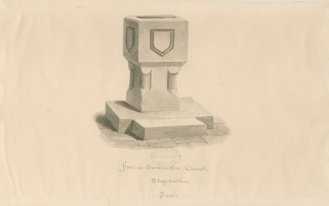 Font in Swynnerton Church: sepia drawing, 1841 (drawing)