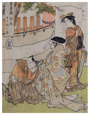 Japan: Chushingura / 47 Ronin: Kira Kozuke-no-Suke Yoshinaka (right) insults Asano Takumi-no-Kami Naganori (centre) in front of the latter's wife. Katsukawa Shunsho (1726-1793), c.1785