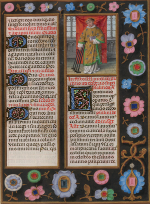The Sanctorale; Feast of St.Lawrence, 10th August. The saint with his gridiron. Text with decorated initial 'L'. Borders of trompe l'oeil decoration with flowers