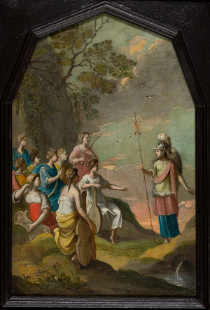 Paintings from Ovid's Metamorphoses in an architectural ebonised frame, c.1500-1699 (oil on copper)