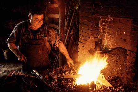 Chartres Cathedral Chartres Blacksmith Albert Rousseau at his anvil, There is a blacksmith window in the, 1969 (photo)