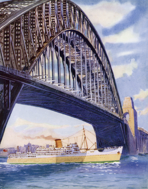 Orient Liner passing under Sydney's Famous Bridge (colour litho)