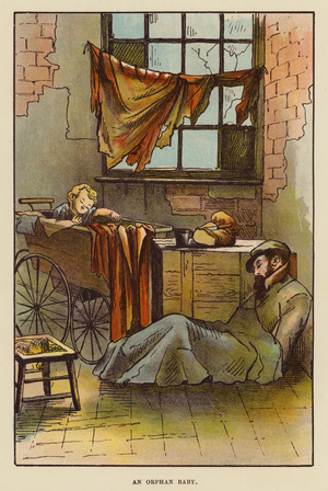 An Orphan Baby (colour litho)