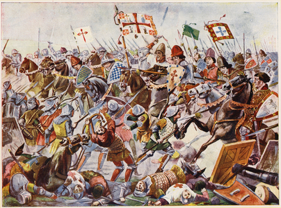 Battle of Aljubarrota, 1385 (colour litho)