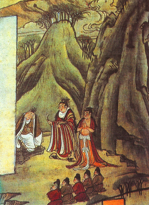 China: A Tang Chinese silk landscape painting depicting a young Sakyamuni cutting his hair, Mogao Caves, Gansu