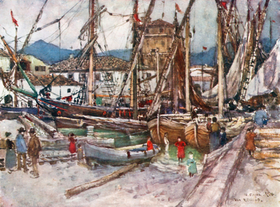 Crowded Shipping in the Basin at Viareggio (colour litho)