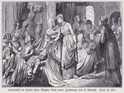 Kriemhild surrounded by her maidens (engraving)