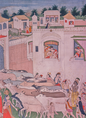 Krishna and the hour of the cowdust, Miniature Painting, India, 1971