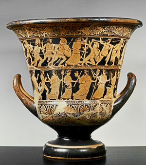 Attic red-figured krater showing the battle of Giants and Gods as well as a dionysan procession
