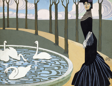 Leda,  (gouache, brush, pen and black ink on dark green paper laid down)