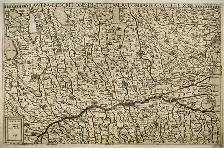 Map of the Lombardy region with the cities of Milan, Verona, Padua, Mantua, Parma, Modena, Bologna and Venice (engraving)