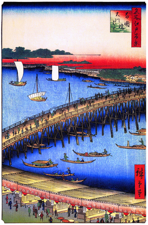 Japan: Summer: Ryogoku Bridge and the Great Riverbank . Image 59 of '100 Famous Views of Edo'. Utagawa Hiroshige (first published 1856-59)