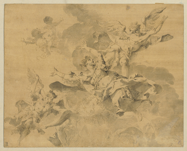 A queen consigned to hell by avenging angels, c.1676-1746 (pen, ink & wash on paper)