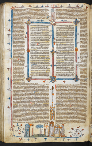 A bas-de-page scene of a bishop and the Virgin Mary by an altar