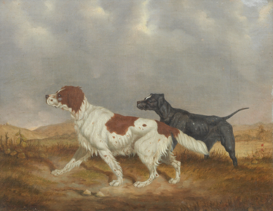 Setter and Pointer in a Landscape (oil on canvas)