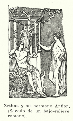 Zethus and Amphion, twin sons of Zeus, Roman bas-relief (litho)