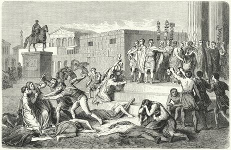 The Triumvirate of Mark Antony, Marcus Aemilius Lepidus and Octavian proclaiming proscriptions against their political enemies, 43 BC (engraving)