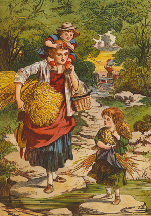 Mother and children returning home from the harvest (colour litho)
