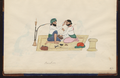 Barber cutting the hair of his customer, 1885 (drawing)